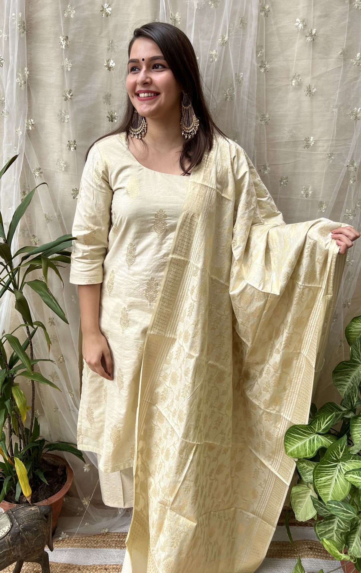 Cream Banarsi Cotton Silk Suit set - MYSANSKRITAM