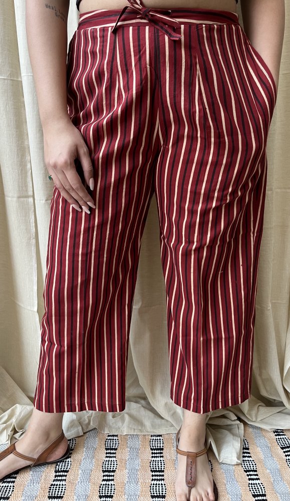 Maroon Lines Handblock Printed Pants - MYSANSKRITAM