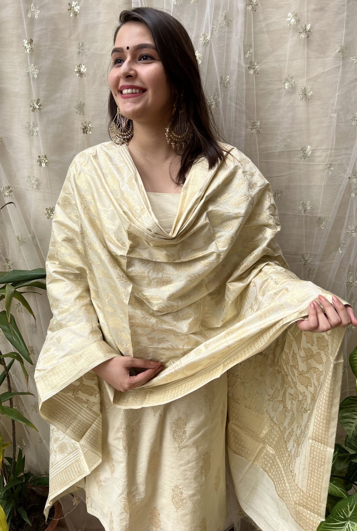 Cream Banarsi Cotton Silk Suit set - MYSANSKRITAM