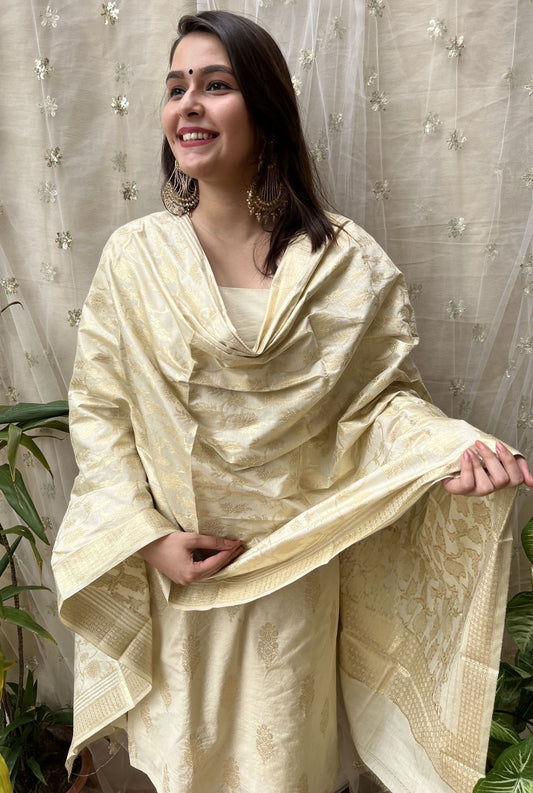 Cream Banarsi Cotton Silk Suit set - MYSANSKRITAM