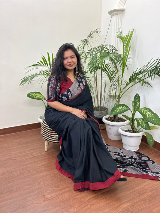 Black cotton Patchwork saree - MYSANSKRITAM