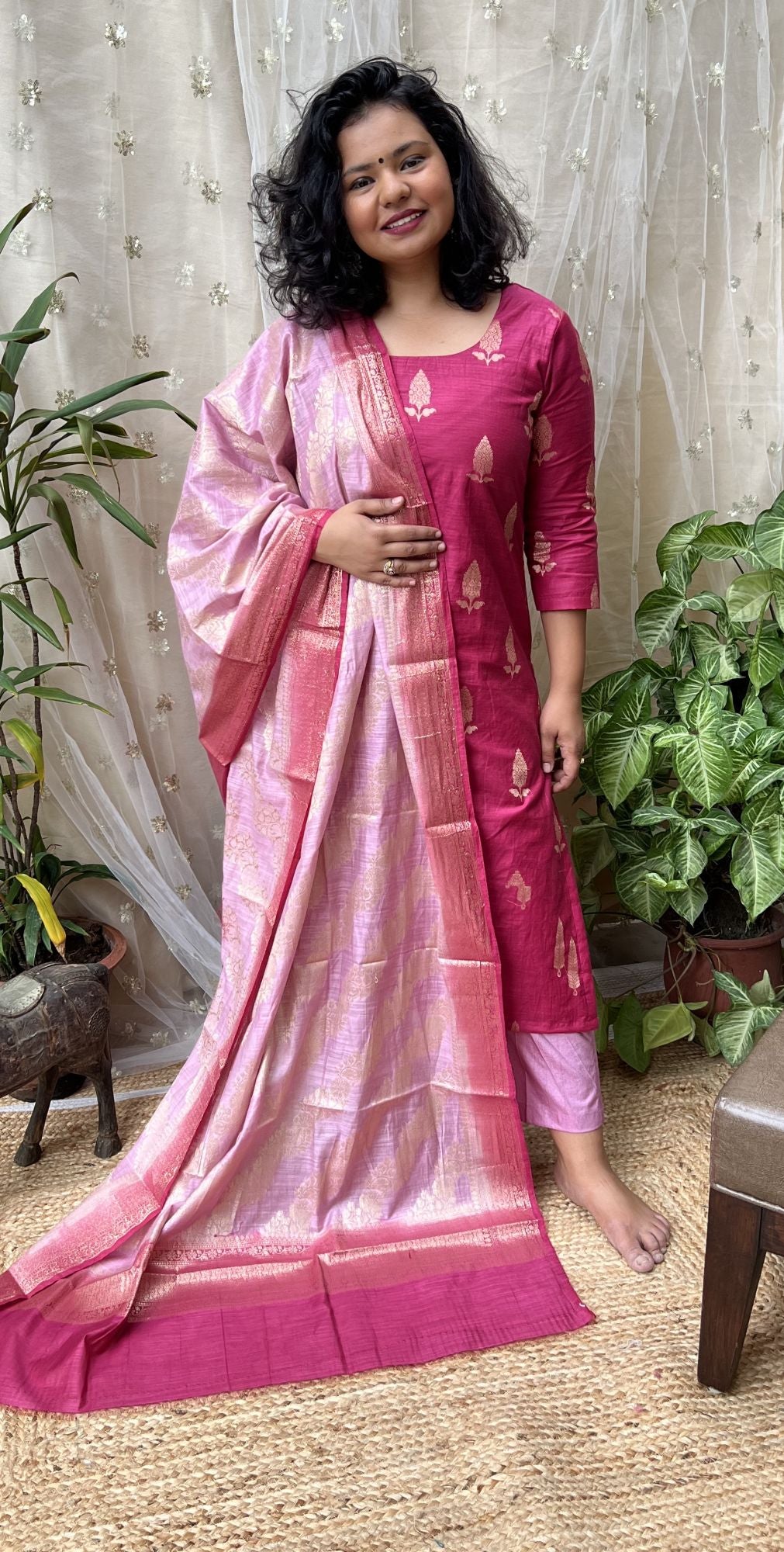 Deep Pink Banarsi Cotton Silk Suit Set - MYSANSKRITAM