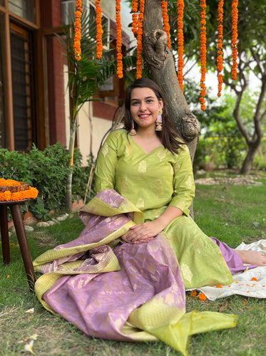 Pista Green Lavender Banarsi Cotton Silk Suit Set