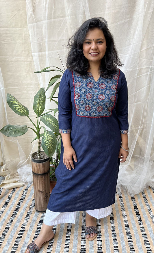 Dark Blue Yoke basic kurta - MYSANSKRITAM