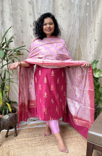 Deep Pink Banarsi Cotton Silk Suit set