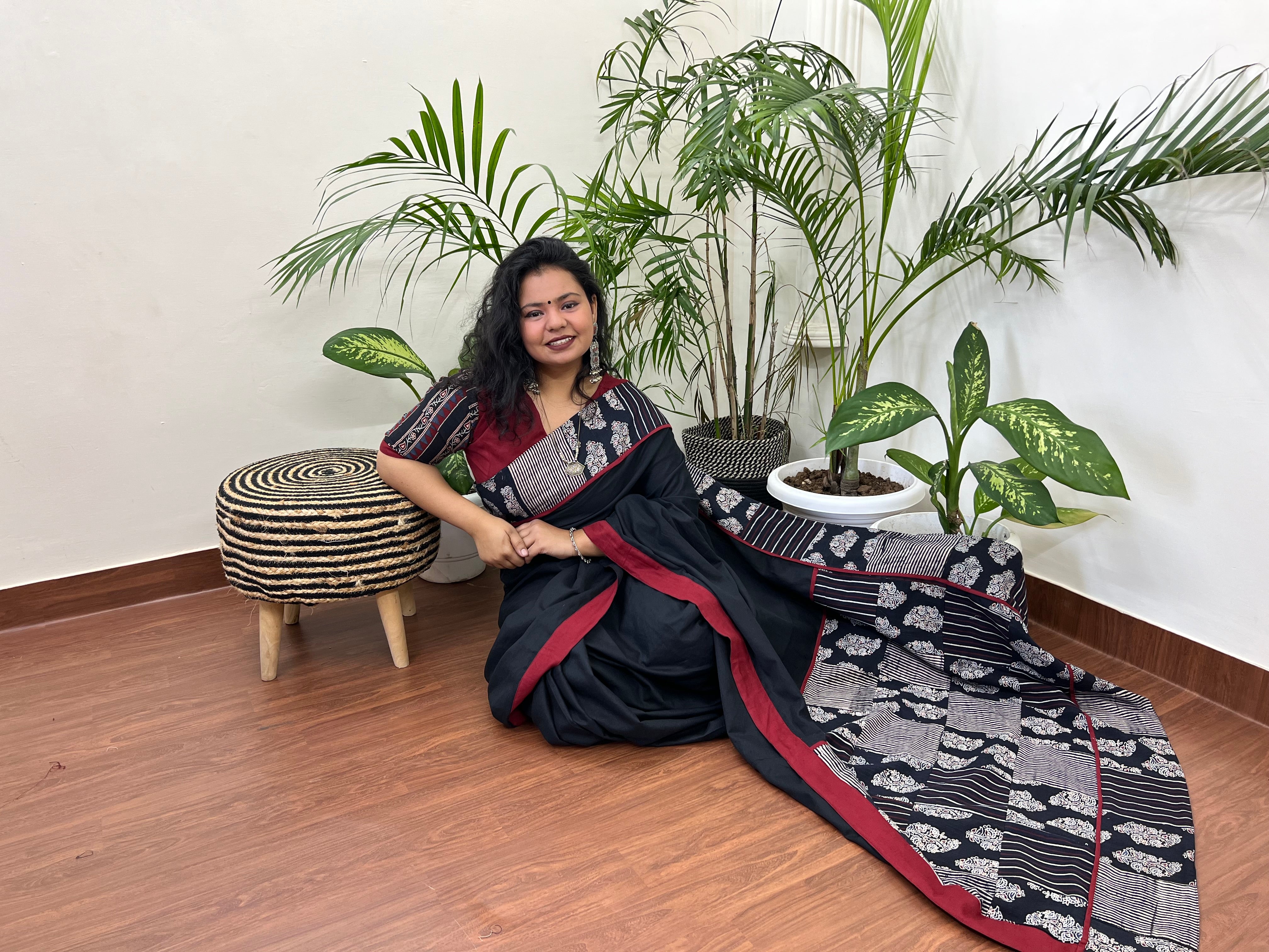 Black cotton Patchwork saree - MYSANSKRITAM