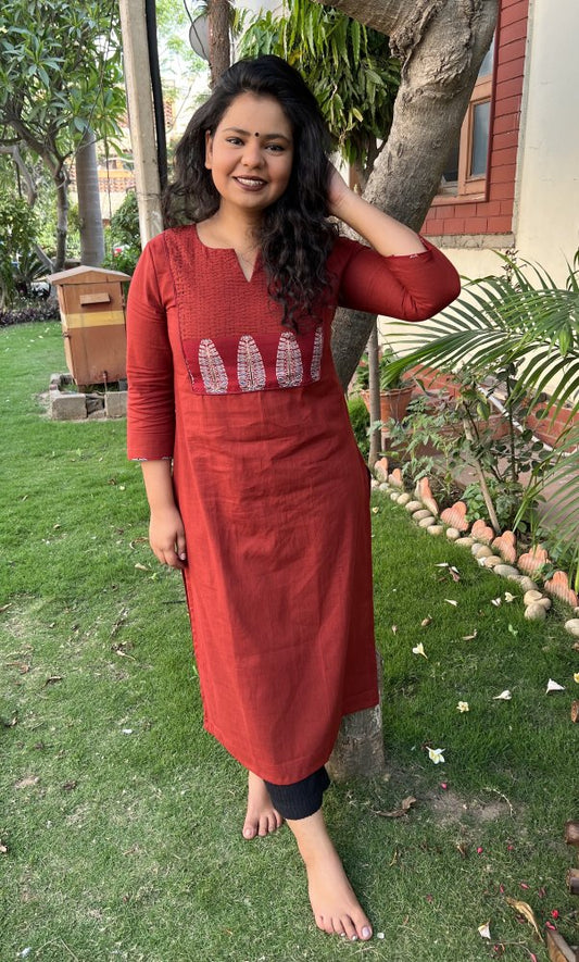 Maroon slub Kurta with Kantha Yoke - MYSANSKRITAM