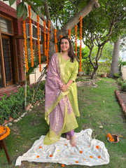Pista Green Lavender Banarsi Cotton Silk Suit Set - MYSANSKRITAM
