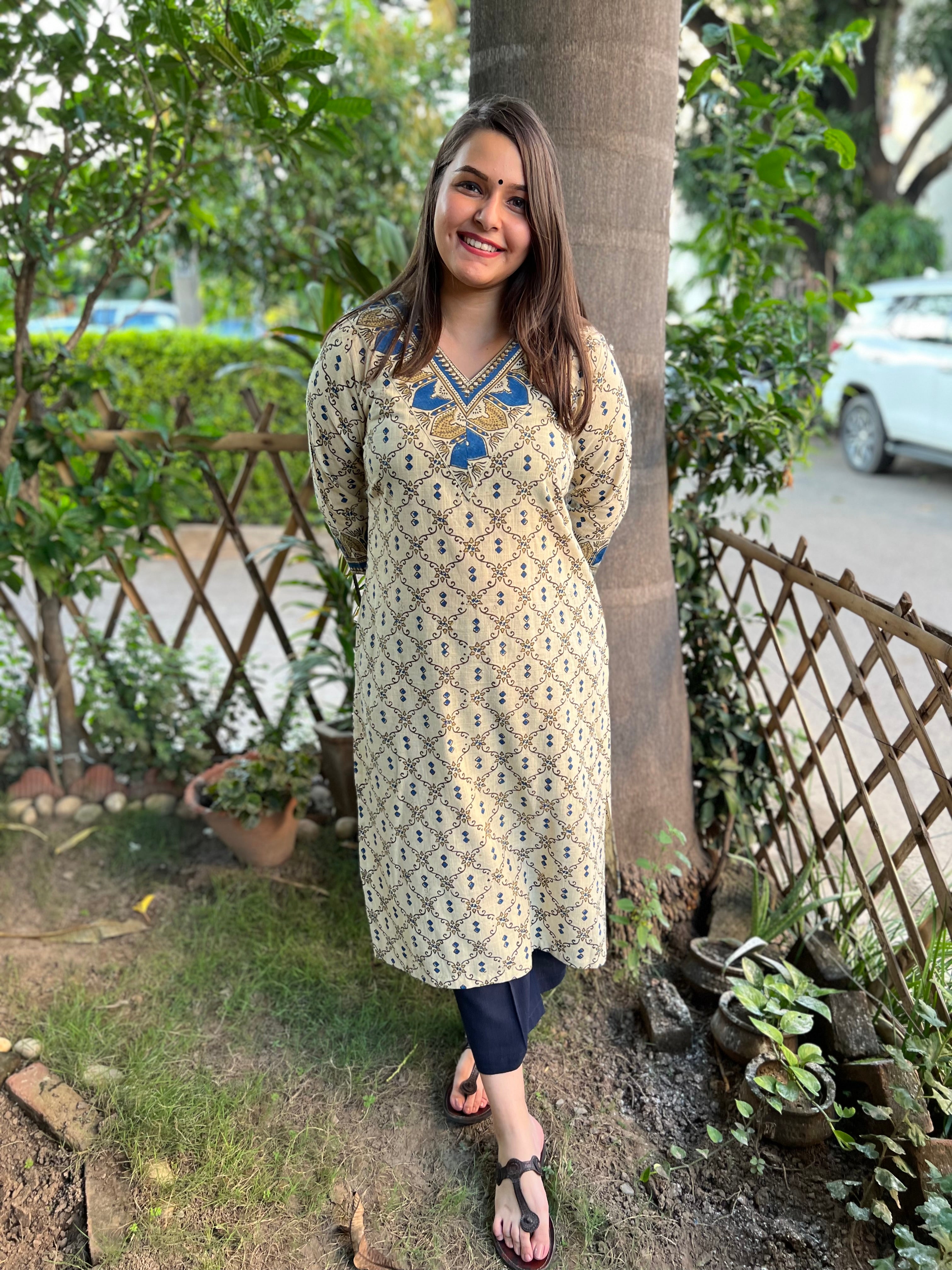 Cream Ajrakh Jaal kurta - MYSANSKRITAM