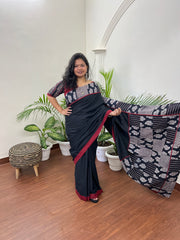 Black cotton Patchwork saree - MYSANSKRITAM