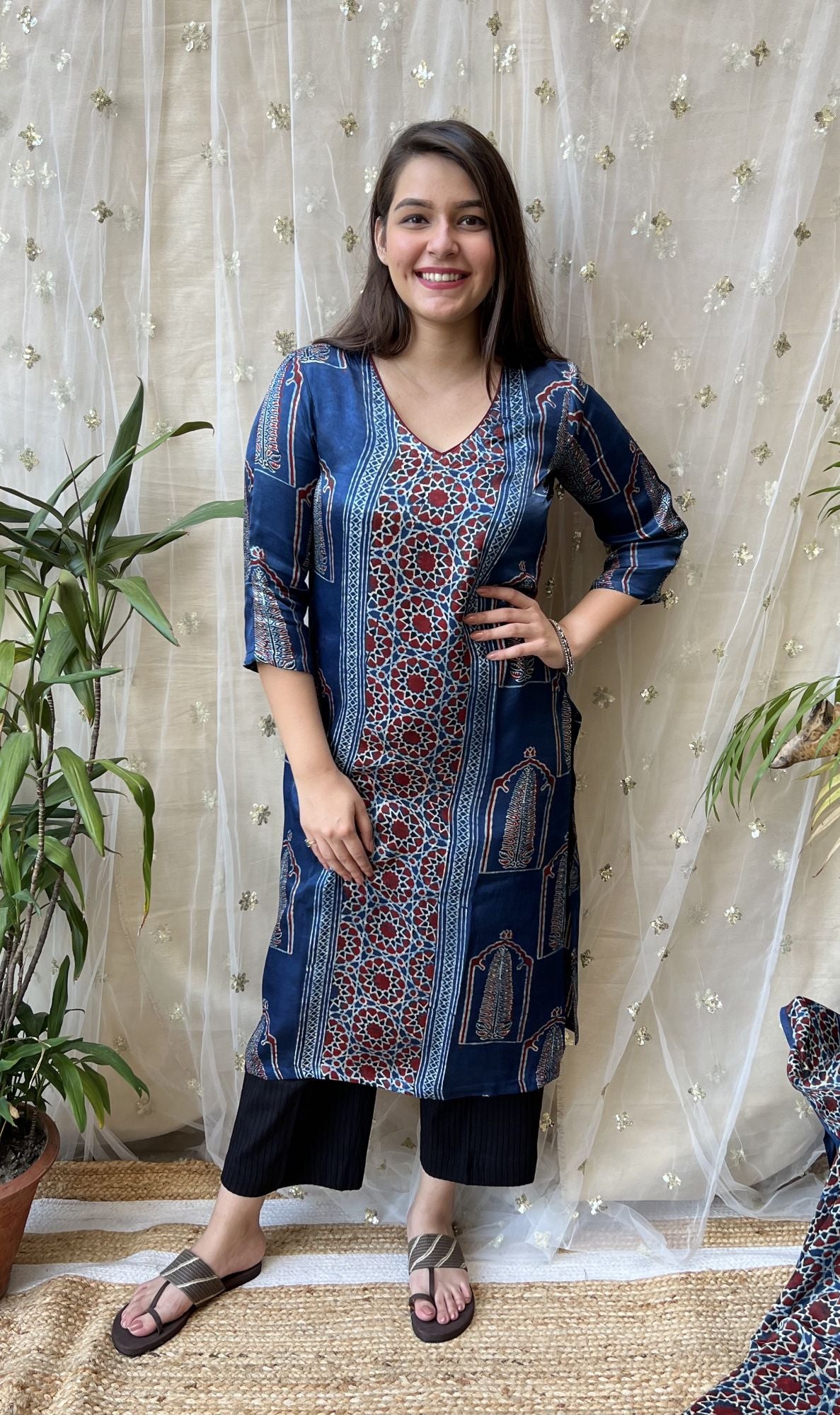 Indigo Geometric Premium Modal kurta duppata set - MYSANSKRITAM