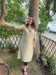 Cream Ajrakh Jaal kurta - MYSANSKRITAM