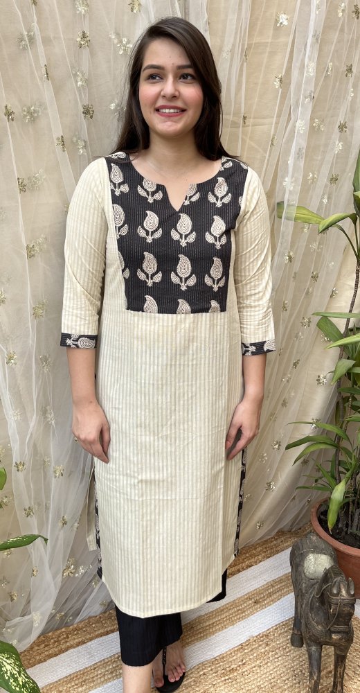 Cream Yoke Lines Kurta - MYSANSKRITAM