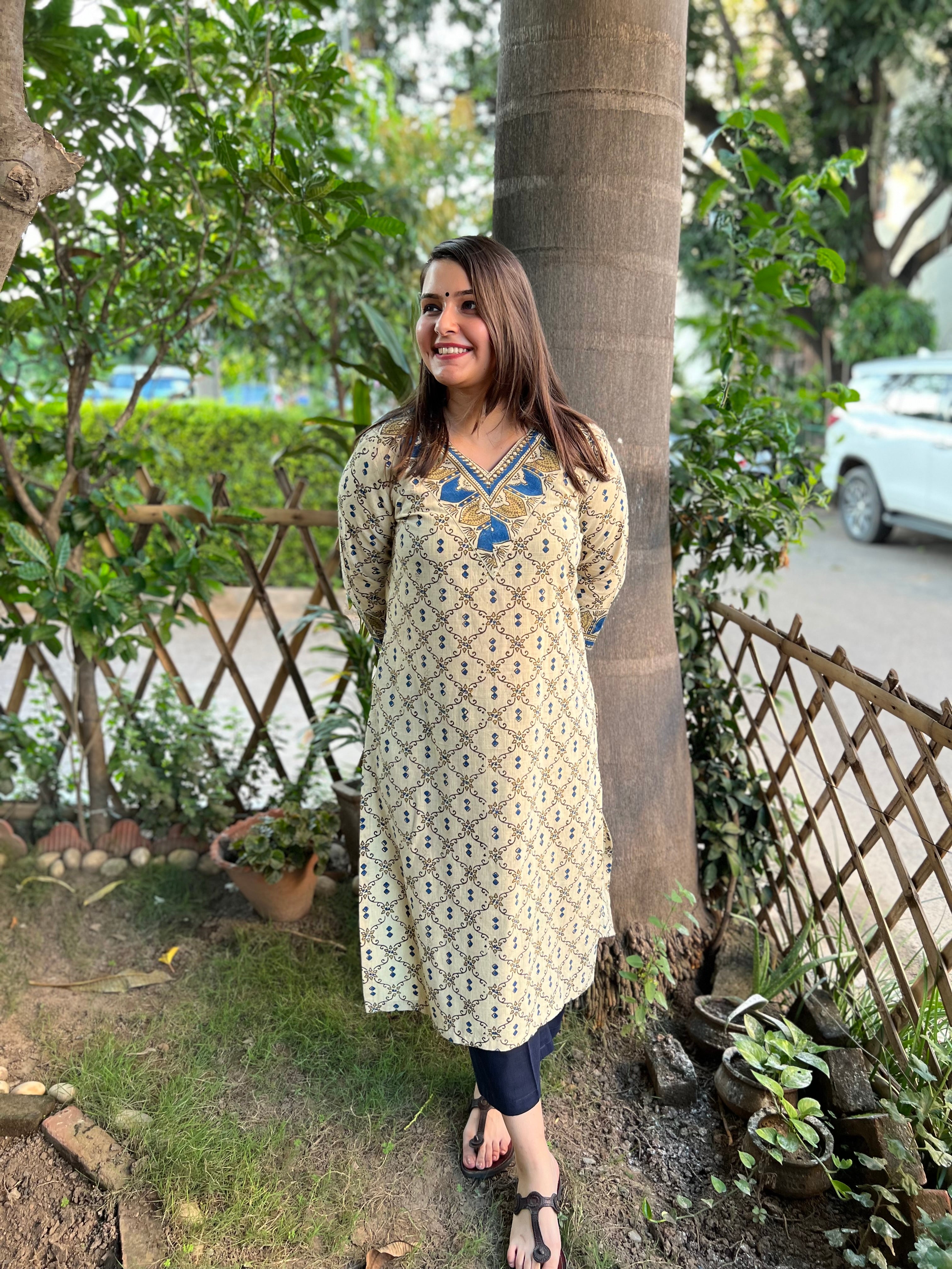 Cream Ajrakh Jaal kurta - MYSANSKRITAM