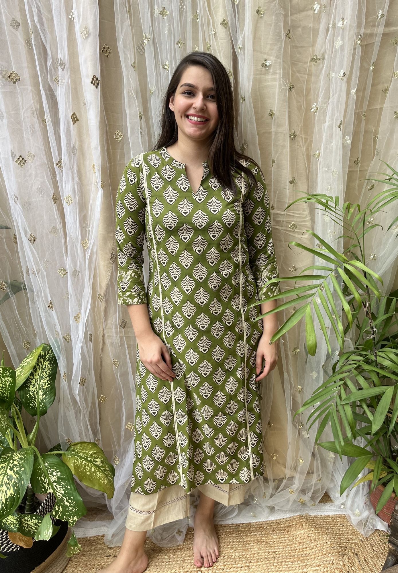 Mehendi Green Handblock Kali Kurti - MYSANSKRITAM