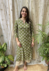 Mehendi Green Handblock Kali Kurti - MYSANSKRITAM