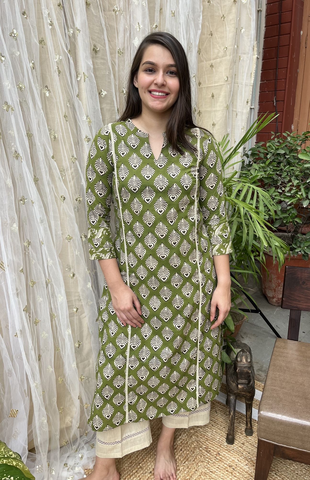 Mehendi Green Handblock Kali Kurti - MYSANSKRITAM