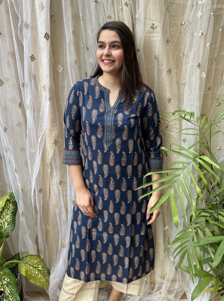 Blue Ambi Ban Neck Kurta - MYSANSKRITAM