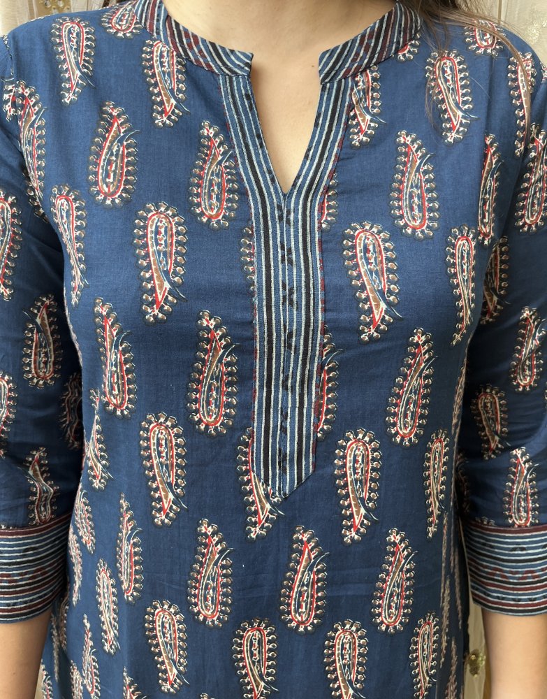 Blue Ambi Ban Neck Kurta - MYSANSKRITAM