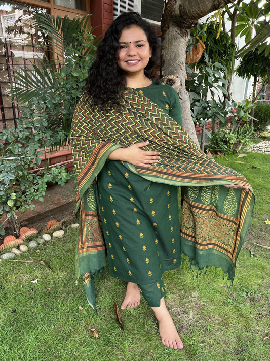 Bottle Green Buti Full suit set - MYSANSKRITAM