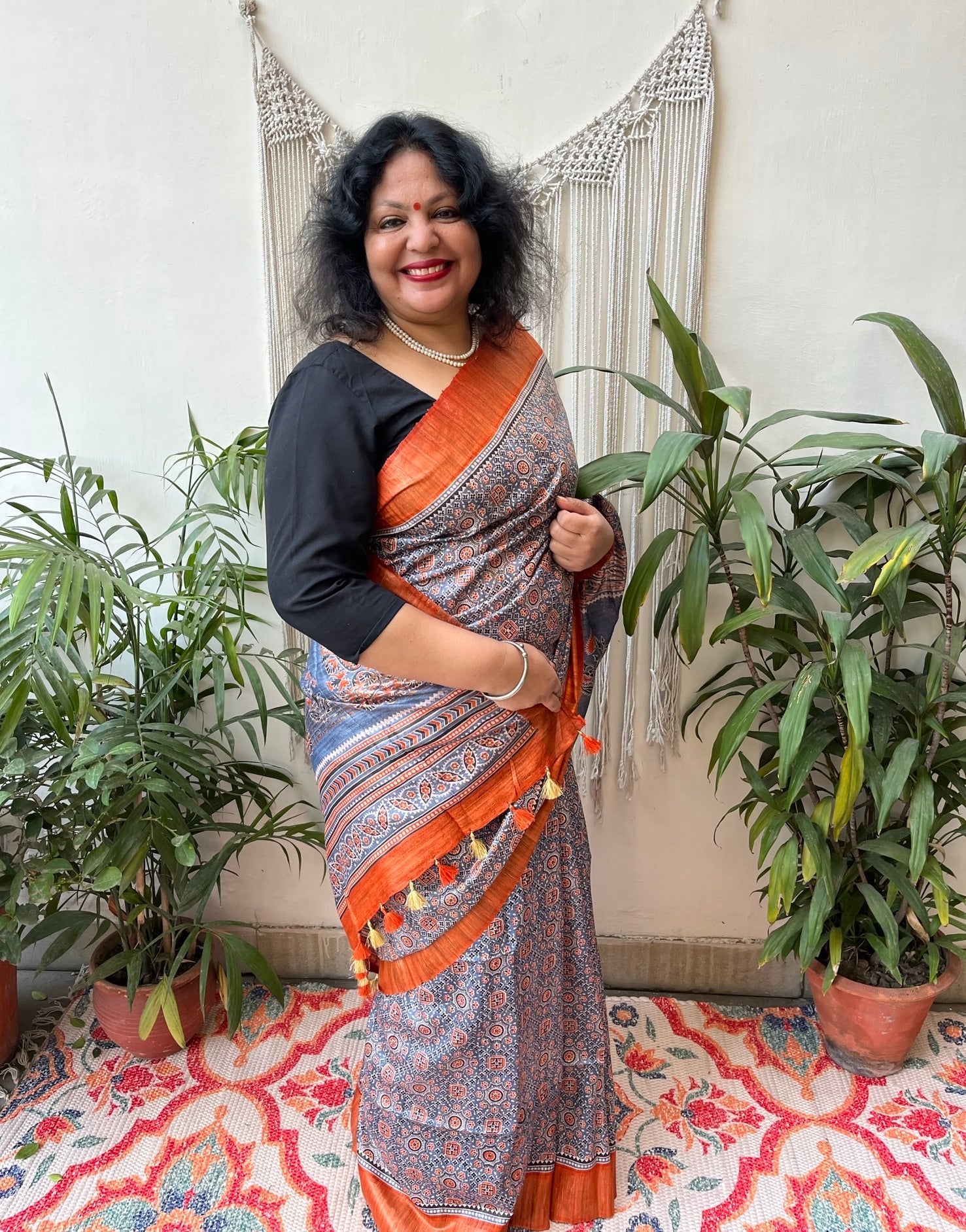 Blue geometric Tussar Silk saree - MYSANSKRITAM