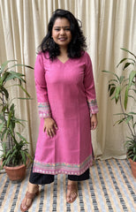 Pink Woollen Kurti with Border - MYSANSKRITAM