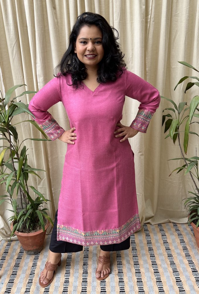 Pink Woollen Kurti with Border - MYSANSKRITAM