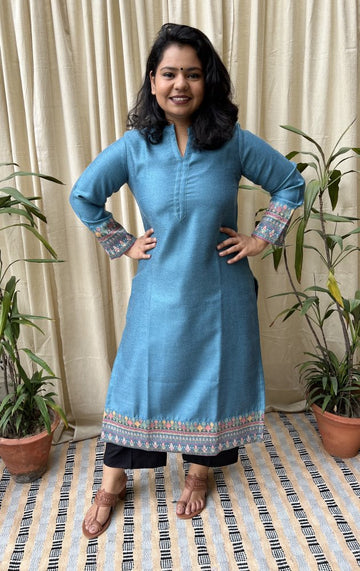 Ferozi Woollen Kurti with Border - MYSANSKRITAM