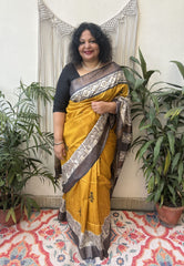 Mustard Abstract border Tussar Silk saree - MYSANSKRITAM