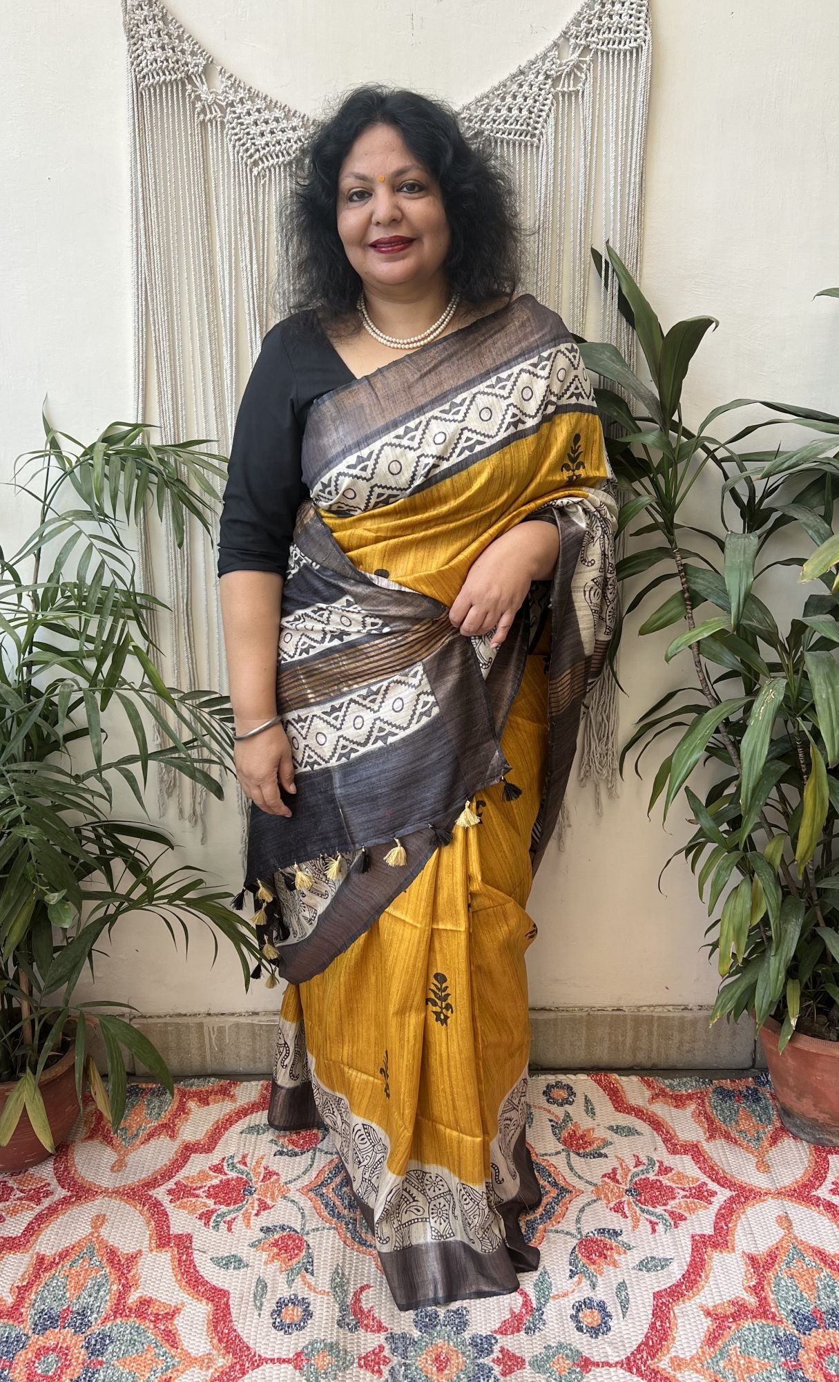 Mustard Abstract border Tussar Silk saree - MYSANSKRITAM