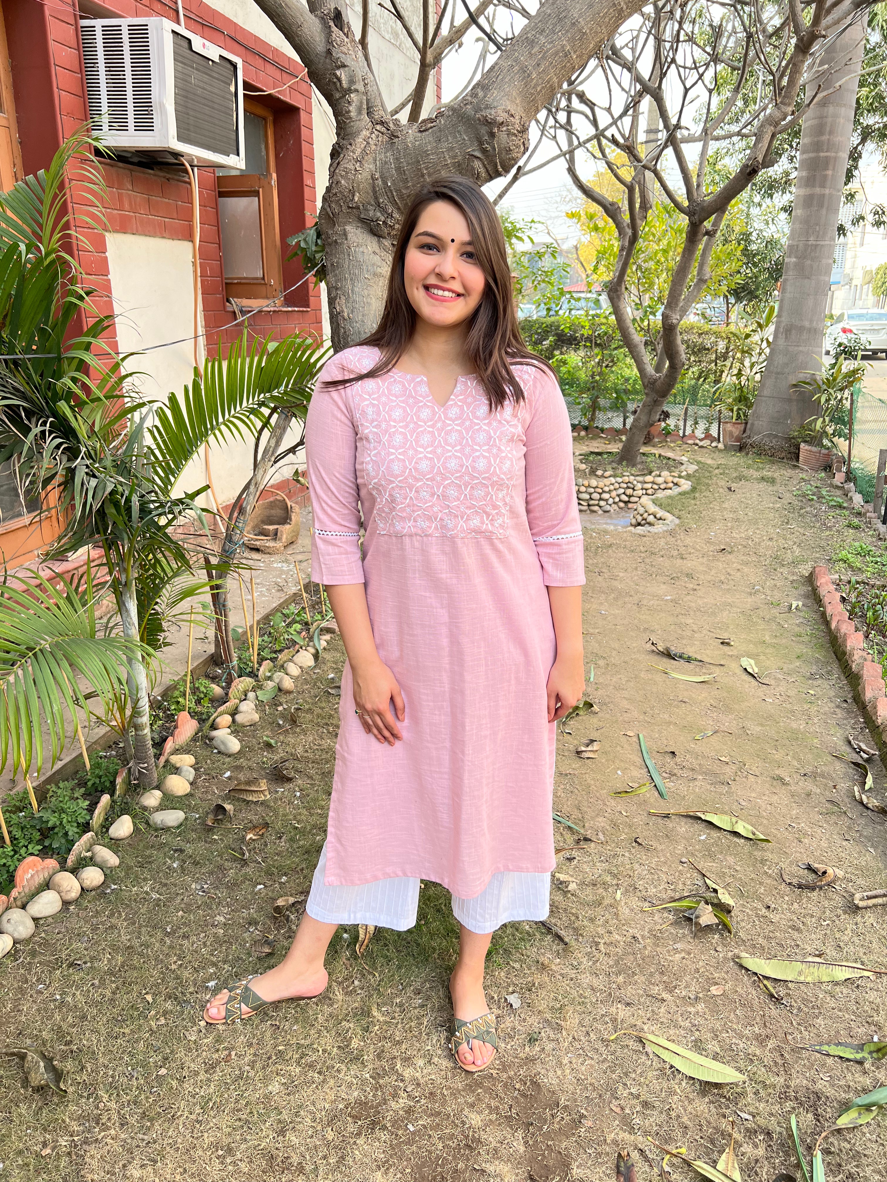 Powder Pink Embroidered Yoke Kurta - MYSANSKRITAM