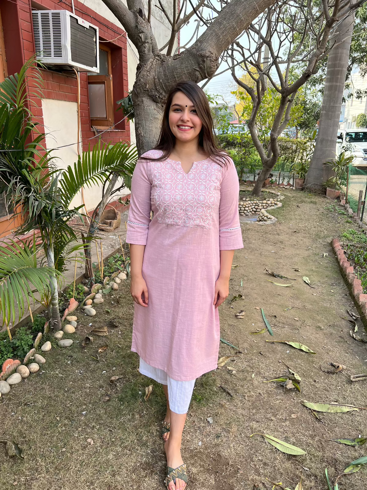 Powder Pink Embroidered Yoke Kurta - MYSANSKRITAM