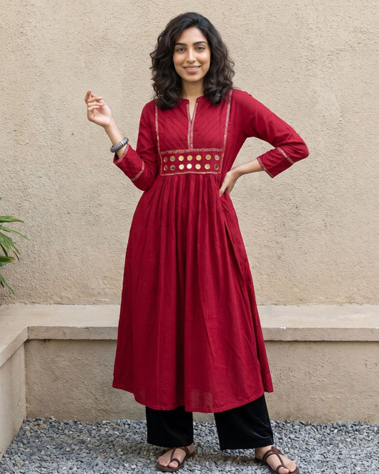 Maroon A-line mirror work kurti