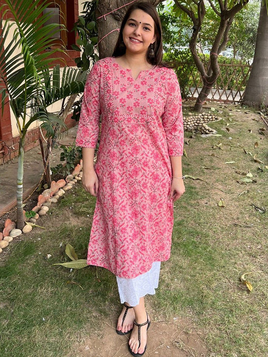 Pink floral kurta with yoke