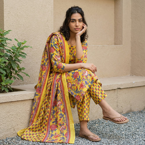 Mustard floral Sanganeri full suit set