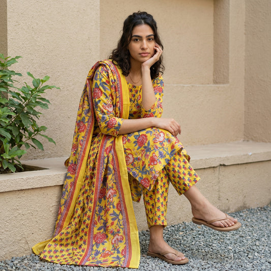Mustard floral Sanganeri full suit set
