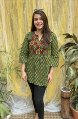 Bottle green buti Gather kurti - MYSANSKRITAM