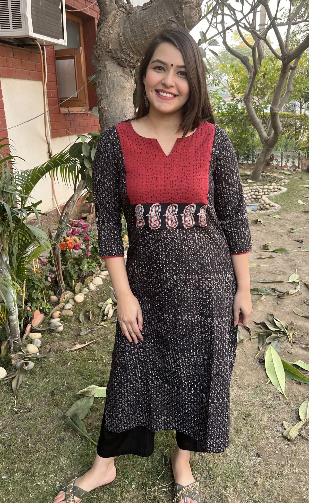 Black Buti ajrakh Yoke Kurta duppata set - MYSANSKRITAM