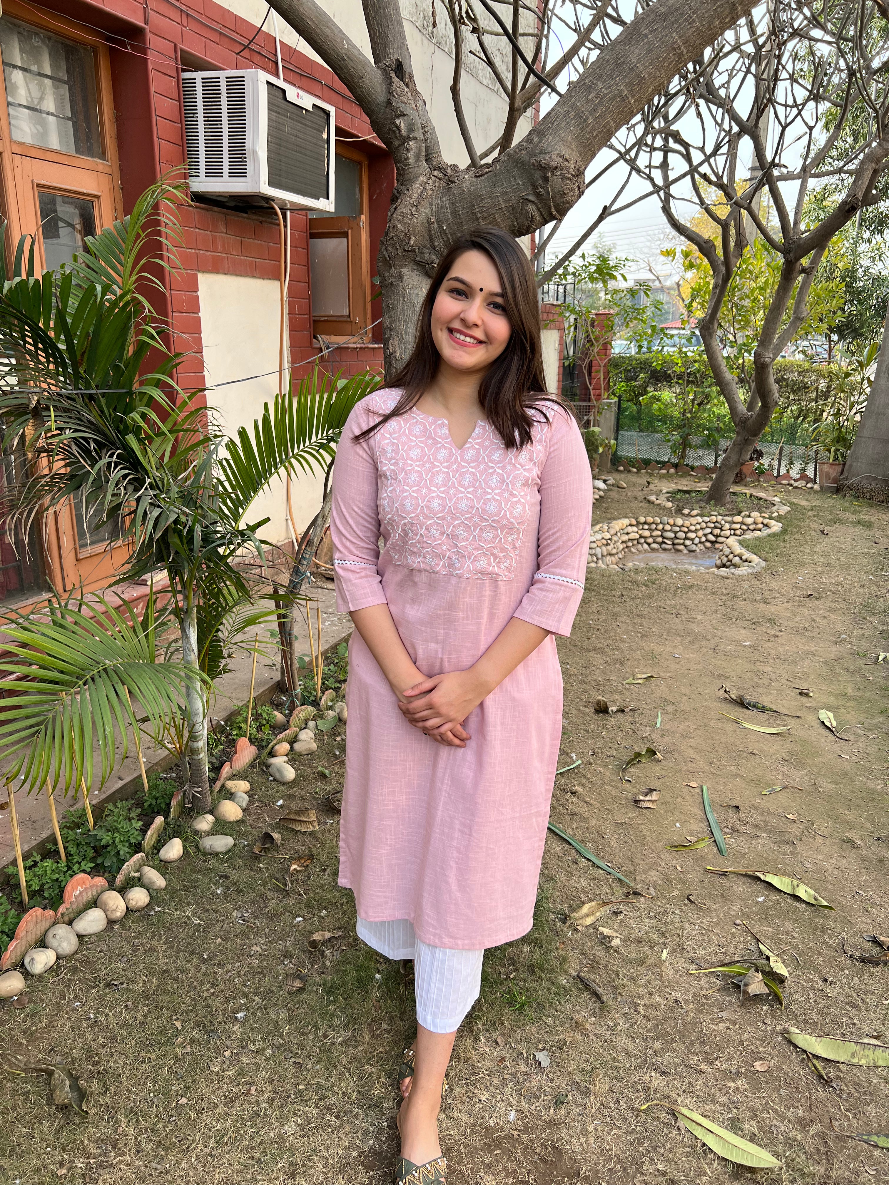 Powder Pink Embroidered Yoke Kurta - MYSANSKRITAM