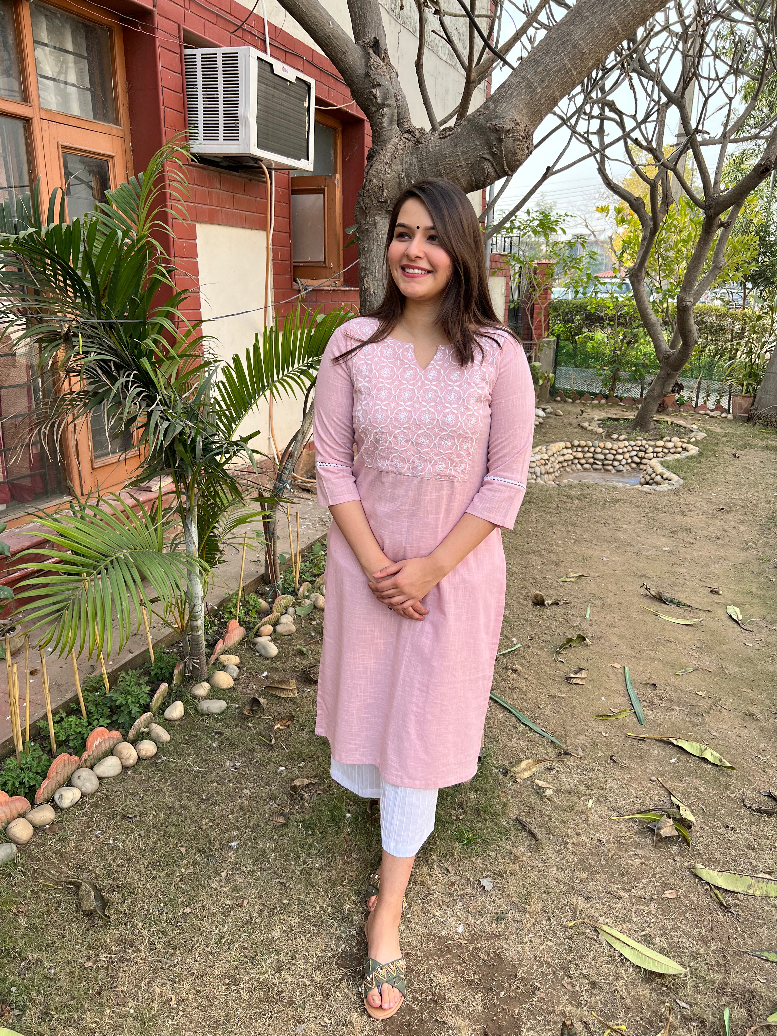 Powder Pink Embroidered Yoke Kurta - MYSANSKRITAM