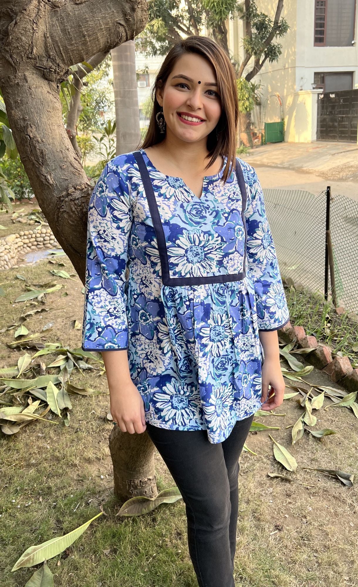 Blue Floral Gather Kurti - MYSANSKRITAM