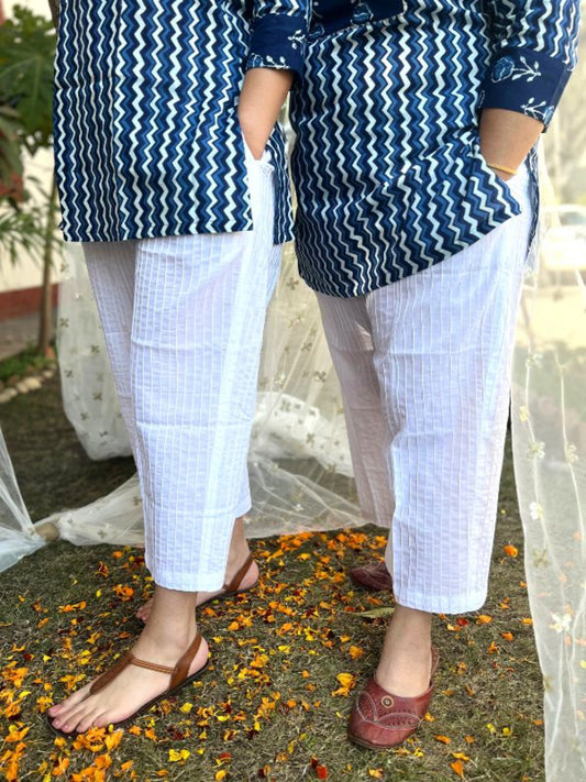 White Cotton Pintucks Pants (38 inches) - MYSANSKRITAM