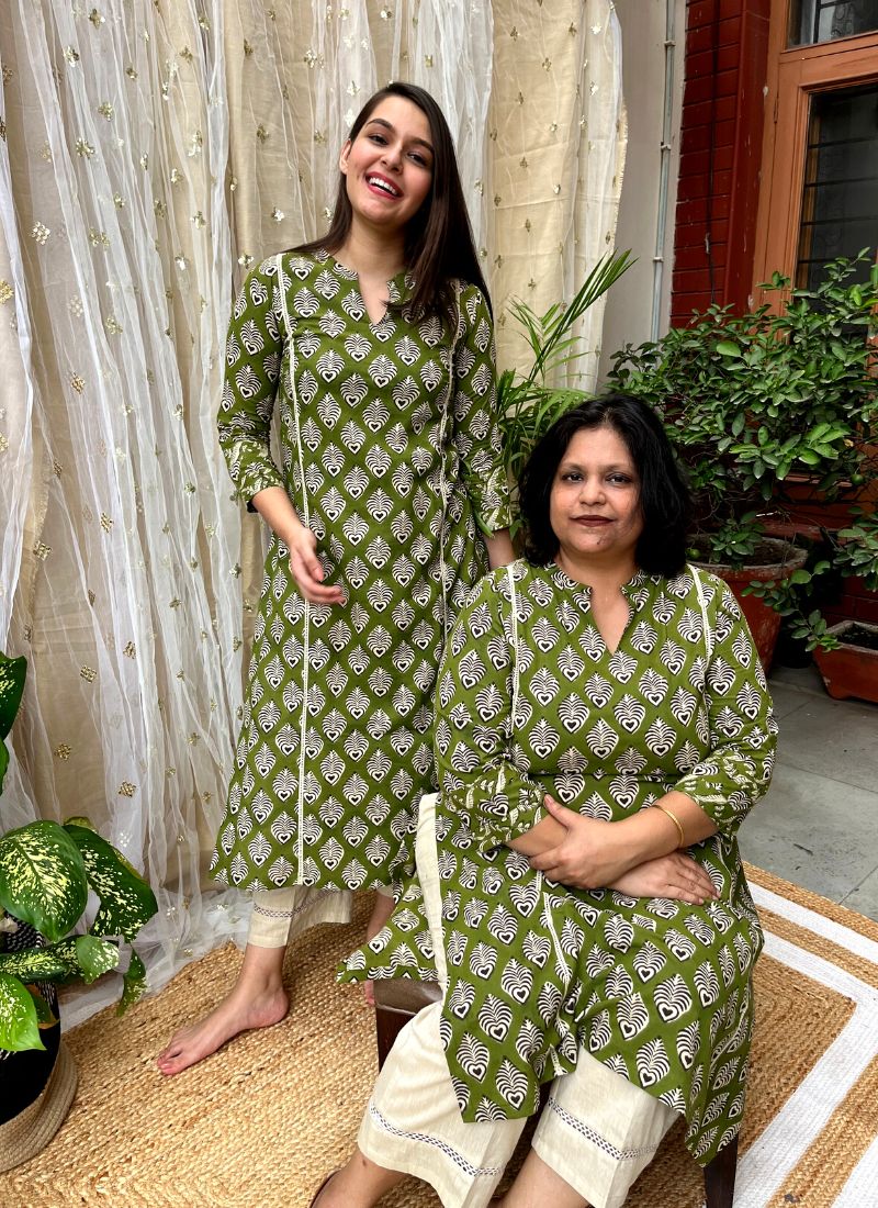 Mehendi Green Handblock Kali Kurti - MYSANSKRITAM