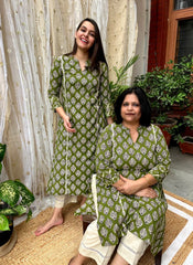 Mehendi Green Handblock Kali Kurti - MYSANSKRITAM