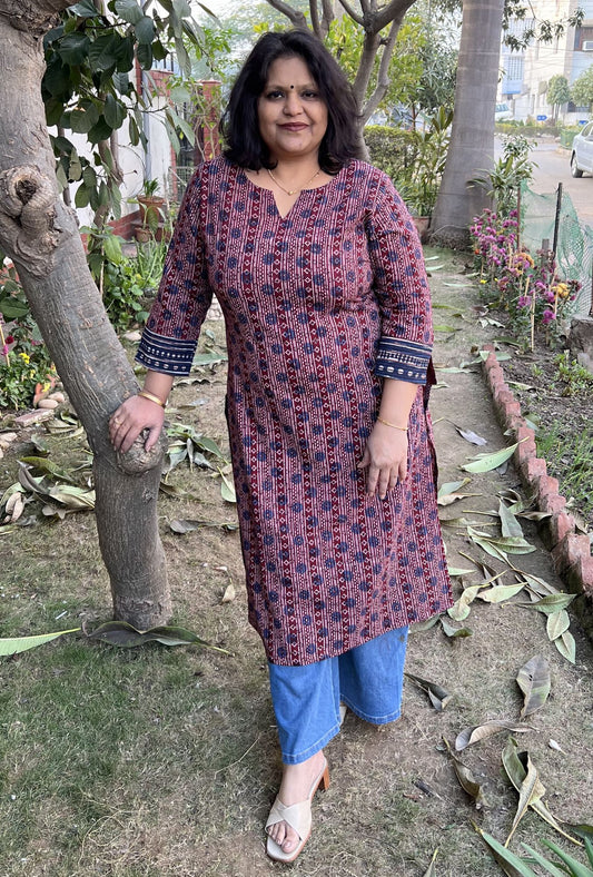 Blue Geometric Ajrakh Kurta - MYSANSKRITAM